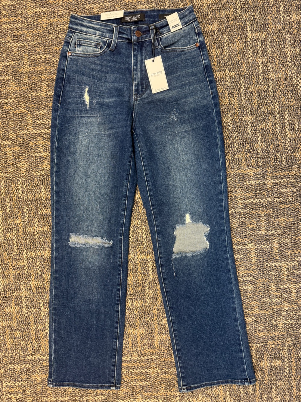 Judy Blue Dark Wash Ripped Knee High Waist Dad Fit Straight Denim